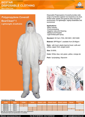 Gıda Endüstrisi Tek Kullanımlık Koruyucu Tulum Nonwoven SPP Tek Kullanımlık Body Suit